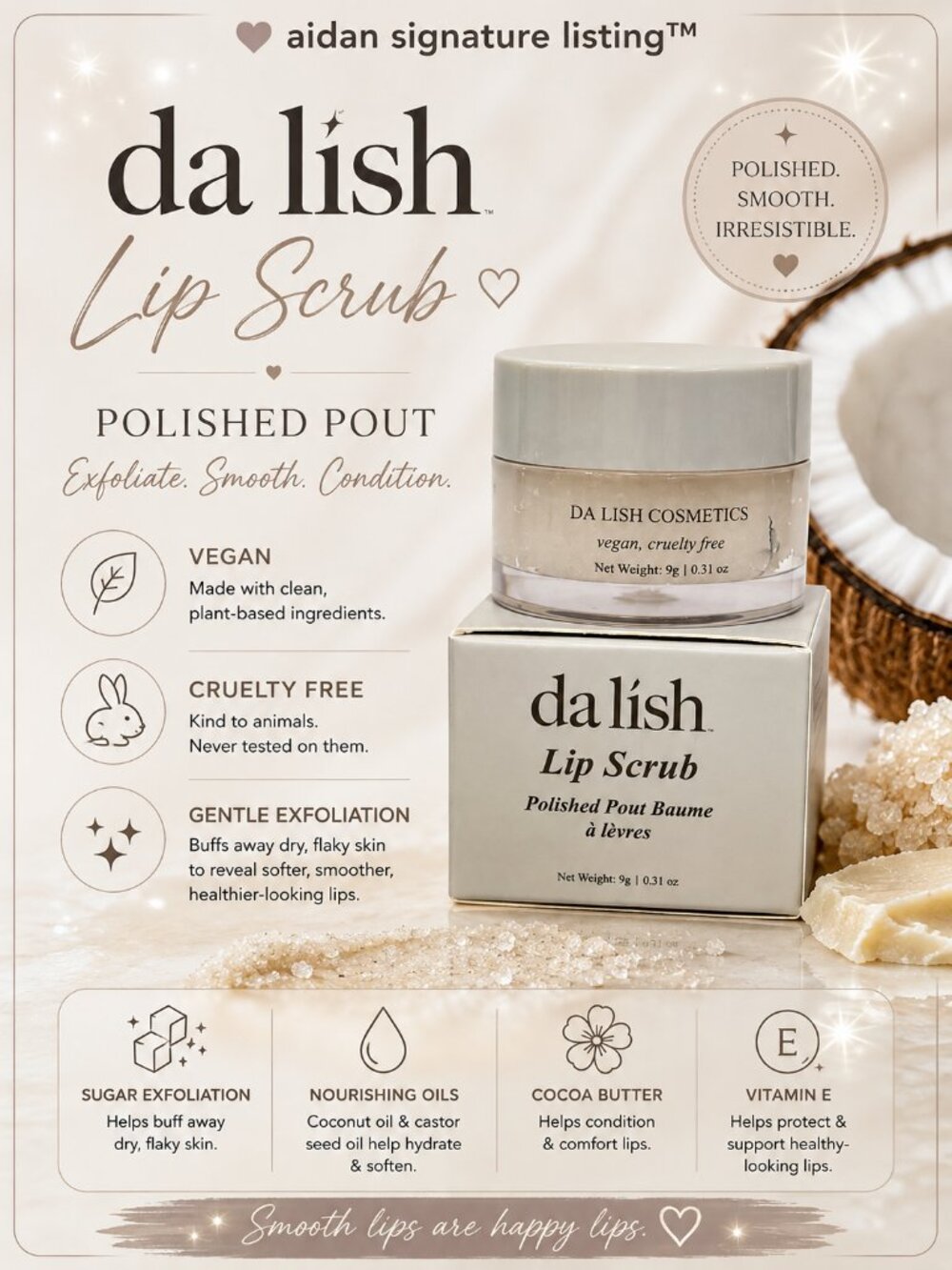 da lish Lip Scrub Polished Pout Vegan Cruelty Free 9g 0.31 oz New in Box